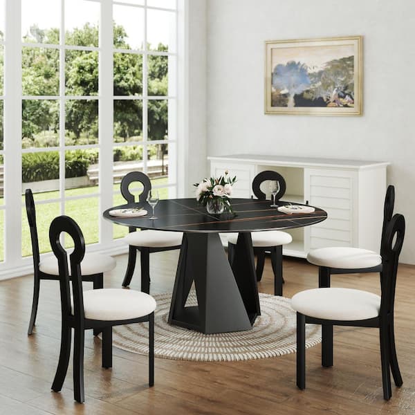 59 in. Black Round Sintered Stone Tabletop Black Pedestal Base Kitchen Dining Table (Seats-8)
