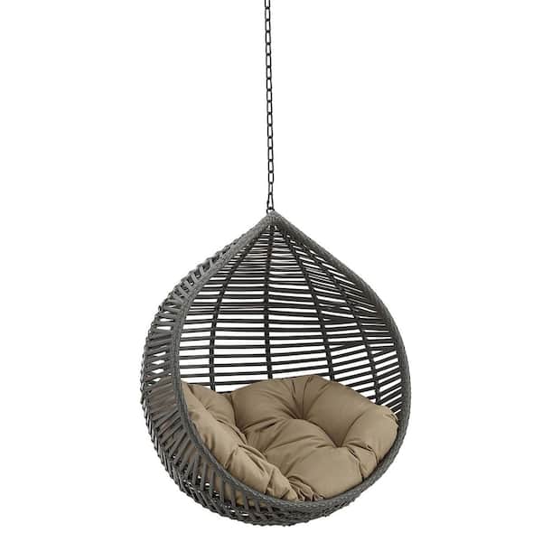 MODWAY Garner Gray Outdoor Patio Wicker Rattan Teardrop Swing Chair Without Stand with Mocha Cushion
