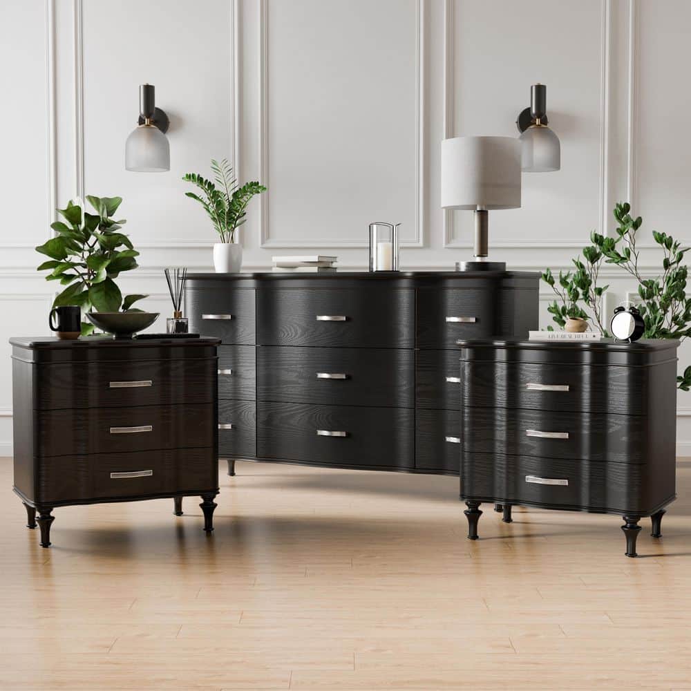 Furniture of America Seabliss 3-Piece Glam Black 2-Drawer Set of 2
