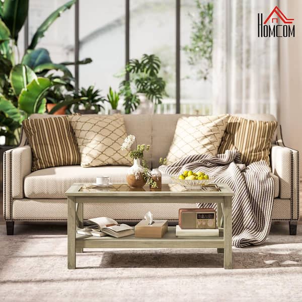 39.25 in. Rectangle Glass Coffee Table, Modern Farmhouse Center Table with Storage, Side Table, Light Gray