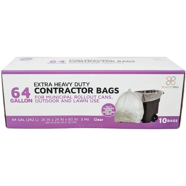PlasticMill 50 in. W x 60 in. H. 64 Gal. 3 mil Clear Contractor Bags (10-Count)