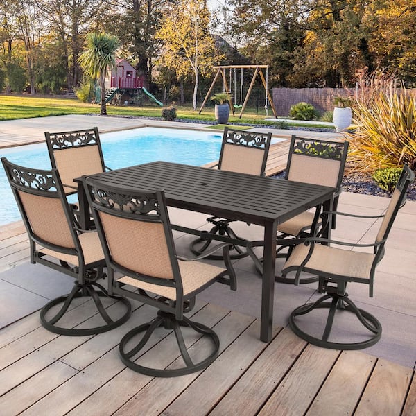 Laurel Canyon Dark Brown 7 Piece Aluminum Patio Dining Set With High Back Swivel Chairs Umbrella Hole Powder Coat Paint Lchrec7tex - Can You Paint Powder Coated Outdoor Furniture