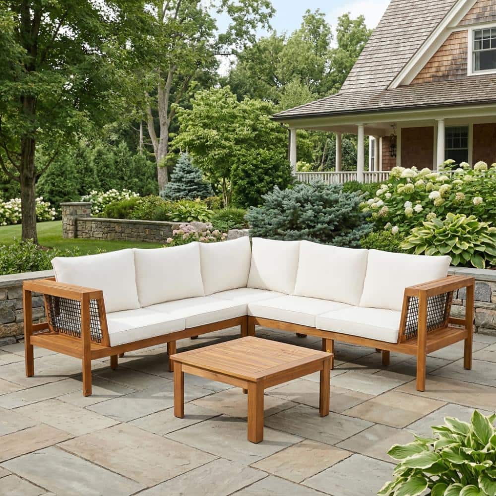 4-Piece Wood Outdoor Sectional Patio Sofa Set with Coffee Table and Beige Cushions price history on PriceWatchPro