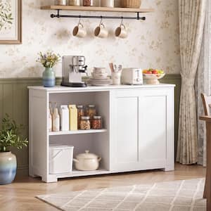 42 in. Antique White Wood Kitchen Storage Cabinet Sideboard Buffet Cupboard with Sliding Door