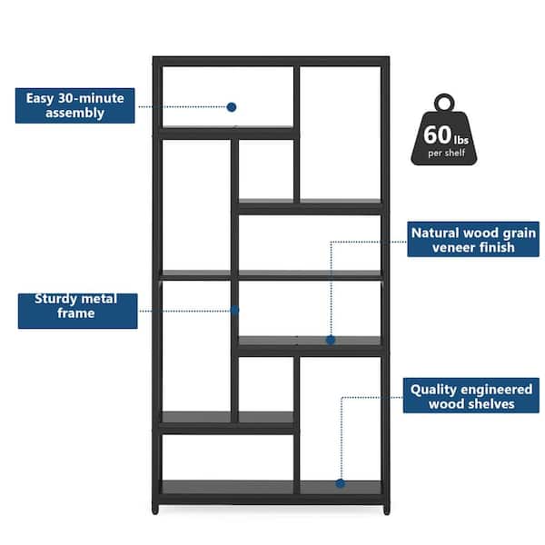 79 in. Black Engineered Wood 6-Open-Shelf Bookcase with Sturdy Metal F