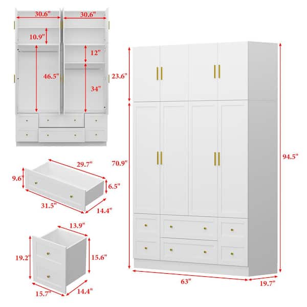 FUFU&GAGA White Wood 63 in. W 8-Door Large Wardrobe Armoires with