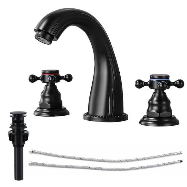 Double Handles 8 in. Widespread Bathroom Faucet 3-Hole Sink Faucet with Pop-Up Drain in Matte Black