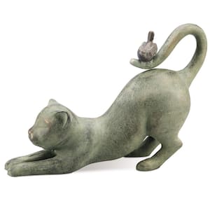 Crouching Cat with Bird Garden Statue