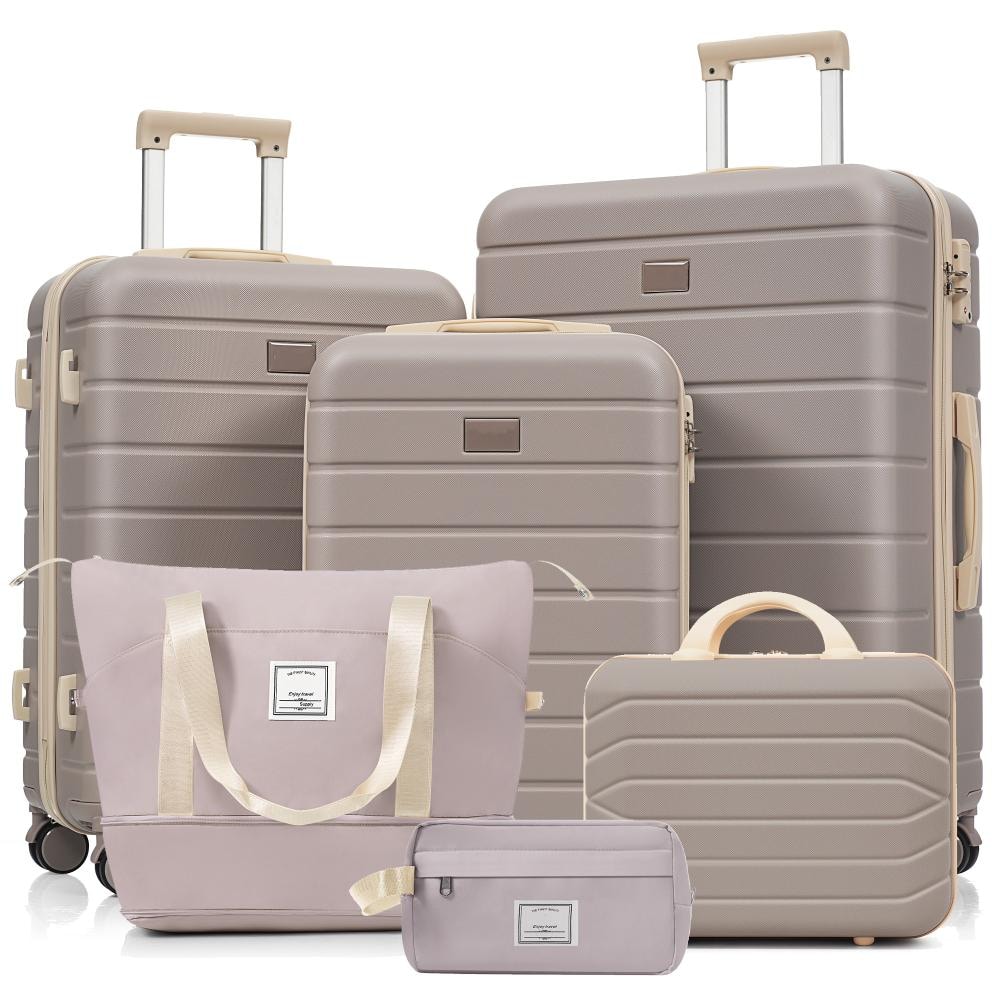 6-Piece Rosy and Brown Hardside Lightweight Durable Suitcase Luggage Set with TSA Lock and Adjustable Handle