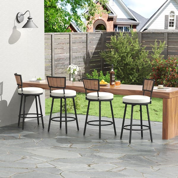 4-Piece Swivel Metal Outdoor Bar Stool Set with Rattan Backrest and Beige Cushions