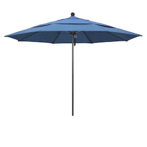 11 ft. Bronze Aluminum Commercial Market Patio Umbrella with Fiberglass Ribs and Pulley Lift in Frost Blue Olefin