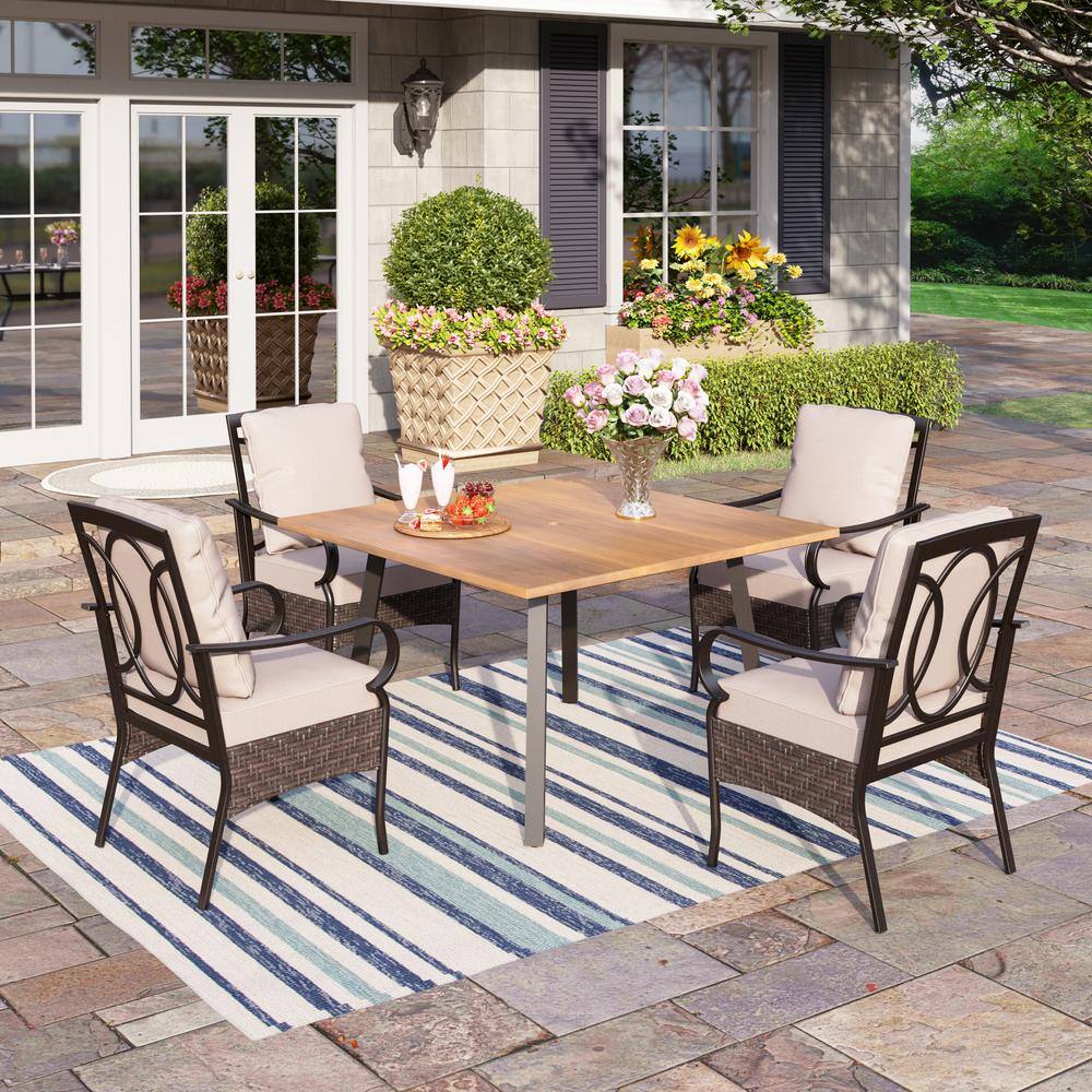 PHI VILLA 5Piece Metal Patio Outdoor Dining Set with WoodLook Square