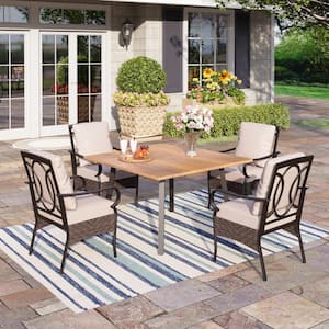 5-Piece Metal Patio Outdoor Dining Set with Wood-Look Square Table and Chairs with Beige Cushions