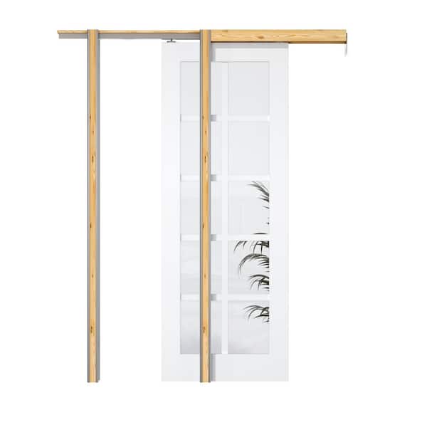 ARK DESIGN 28 in. x 80 in. 10-Lite Solid Core Primed White Clear Glass Pocket Sliding Door with Pocket Door Hardware and Soft Close