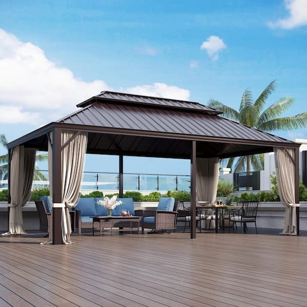 12 ft. x 20 ft. Galvanized Steel Hardtop Gazebo With Mosquito Net and Privacy Curtain