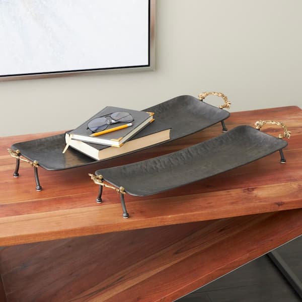 Litton Lane Black Metal Textured Curved Decorative Tray with Elevated Feet and Gold Scroll Vine Handles (Set of 2)