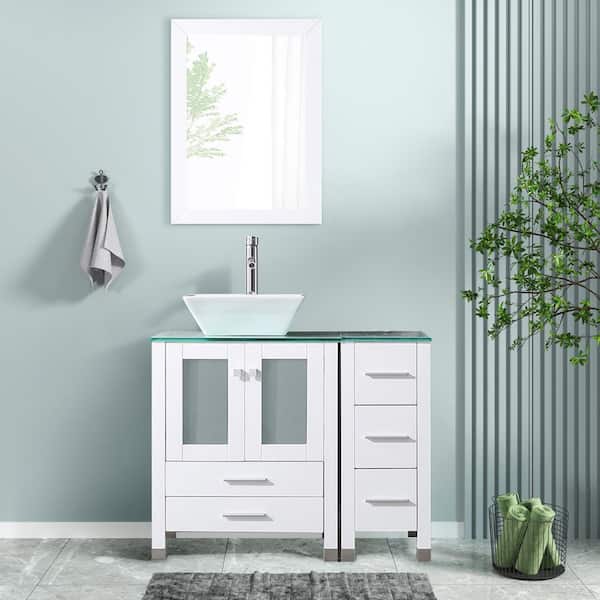 Wonline 36.4 in. W x 21.7 in. D x 60 in. H Single Sink Bath Vanity in White with Glass Countertop and Ceramic Sink and Mirror