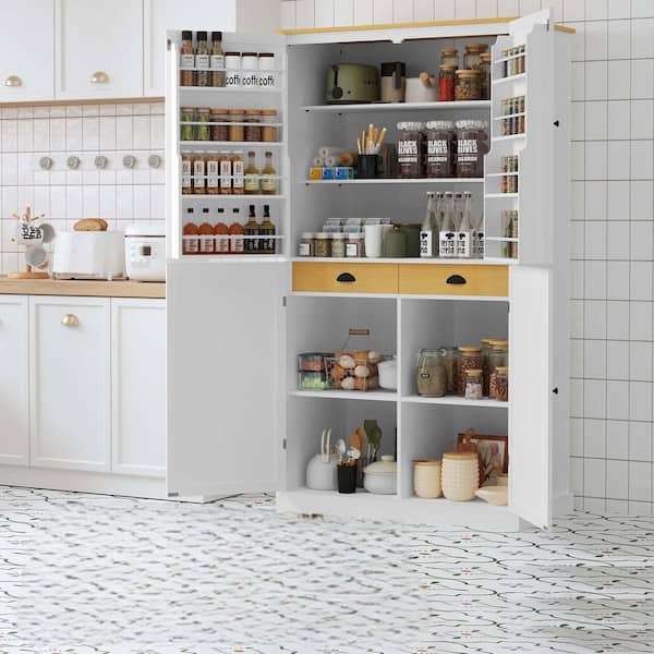 Unbranded Freestanding White Kitchen Pantry Organizer with Adjustable Shelves, 2 Built in Drawer & 2 Separate Cabinet for Kitchen
