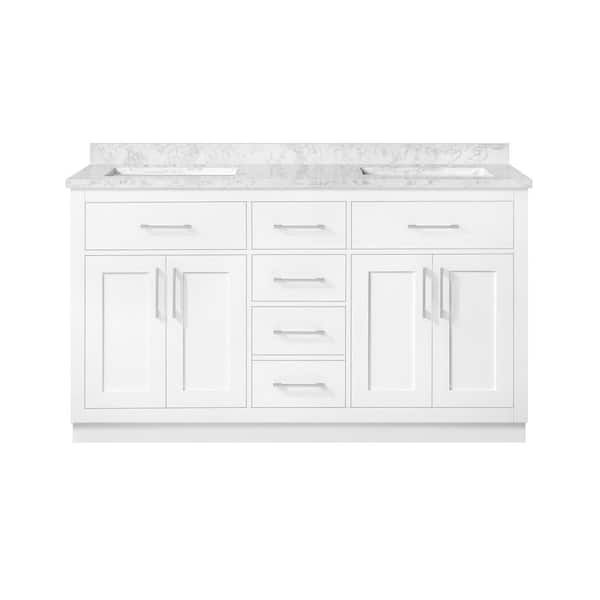 Athea 60 in. Freestanding  White Bath Vanity with White Engineered Marble Top, Power Bar and Brushed Nickel Hardware