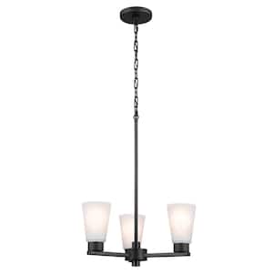Stamos 18 in. 3-Light Black Modern Shaded Circle Dining Room Chandelier with Satin Etched Glass Shades