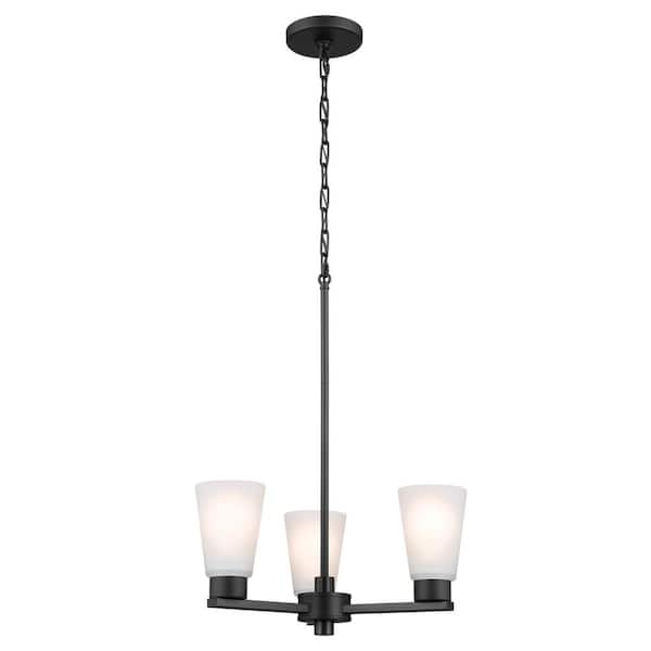 KICHLER Stamos 18 in. 3-Light Black Modern Shaded Circle Dining Room Chandelier with Satin Etched Glass Shades