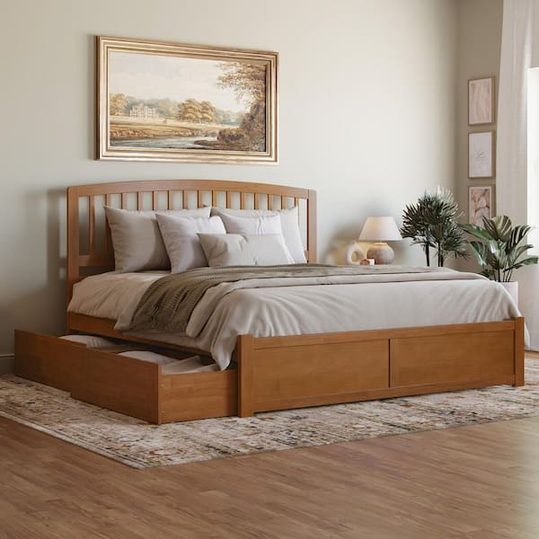 Richmond Light Toffee Natural Bronze Solid Wood Frame King Platform Bed with Footboard and Storage Drawers