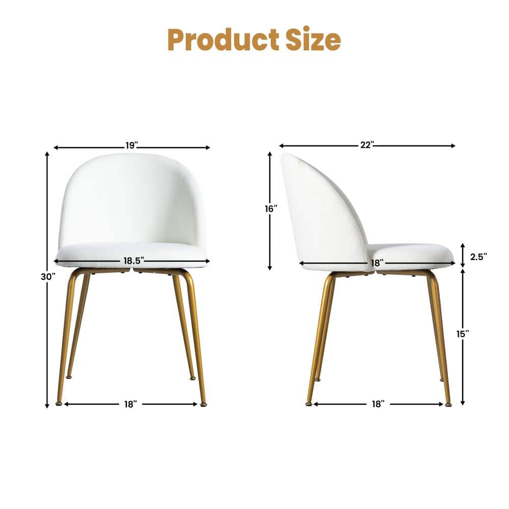 Dimension diagram of a white dining chair with gold legs.