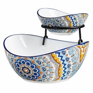 2-Tiered Ceramic Chip and Dip Bowls with Serving Stand, Multi-Purpose Serving Set for Appetizers, Light-colored Boho