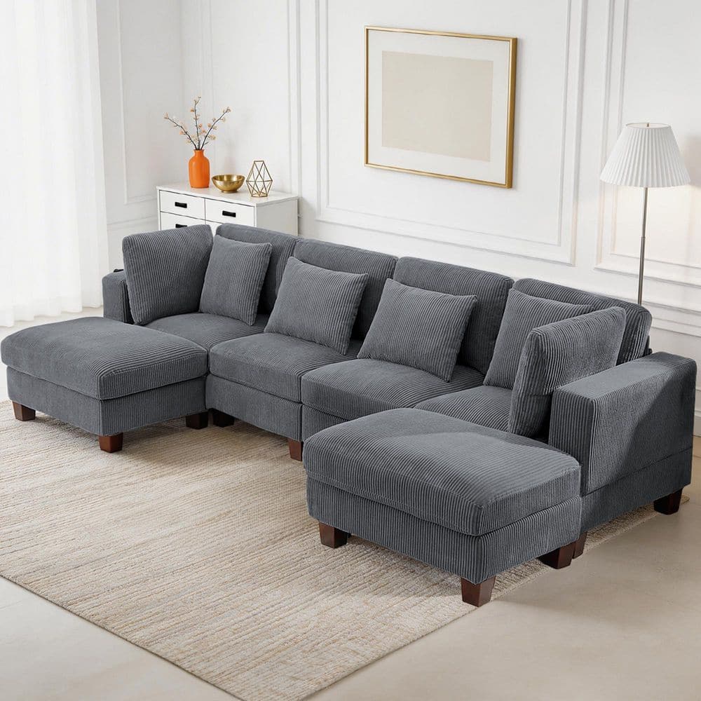 JEAREY 116 in. U-Shaped Square Arms 6-Piece Corduroy Modular