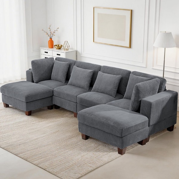 JEAREY 116 in. U-Shaped Square Arms 6-Piece Corduroy Modular