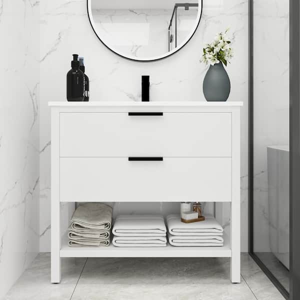 36 in. W x 18.3 in. D x 34 in. H Freestanding Bathroom Vanity Set in White with Integrated White Resin Top