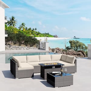 8-Piece Wicker Outdoor Fire Pit Patio Sectional Conversation Set with Beige Cushions and Rectangular Fire Pit