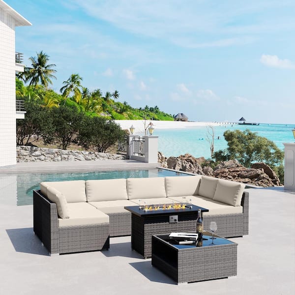 JOYSIDE 8-Piece Wicker Outdoor Fire Pit Patio Sectional Conversation Set with Beige Cushions and Rectangular Fire Pit