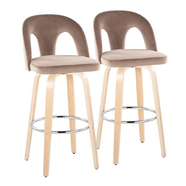 Ava Upholstered 30 in. Fixed-Height Barstool Natural Wood and Taupe Velvet & Round Footrest (Set of 2)
