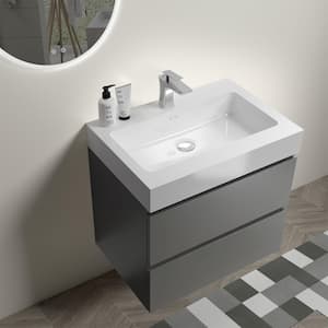 24 in. W Modern Wall Mounted Floating Bathroom Vanity with 2 Drawers and Single White Gel Sink in Gray