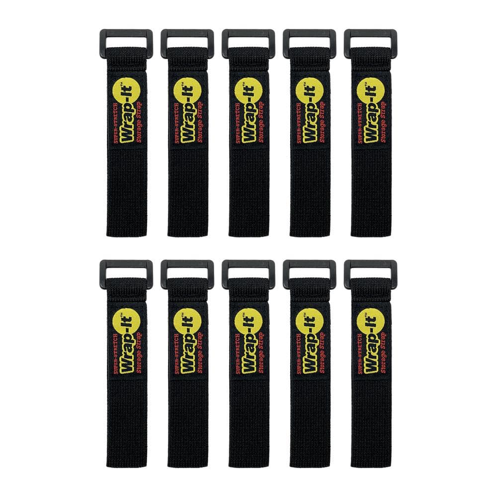 Wrap-It Storage 9 in. Elastic Hook and Loop Cinch Strap for Cords, Rope, Tools and More Super Stretch Storage Strap in Black (10-Pack) -  A710-09B
