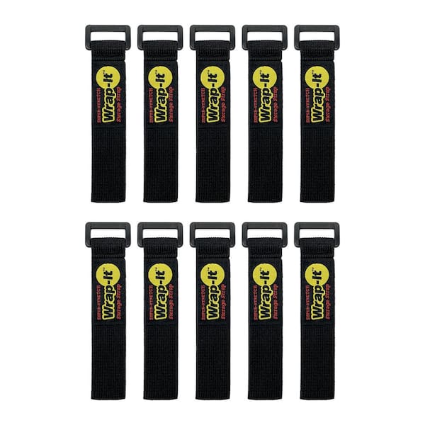Wrap-It Storage 9 in. Elastic Hook and Loop Cinch Strap for Cords, Rope, Tools and More Super Stretch Storage Strap in Black (10-Pack)