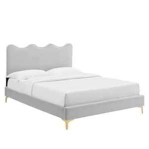 Current Performance Velvet King Platform Bed in Light Gray with Gold Metal Legs