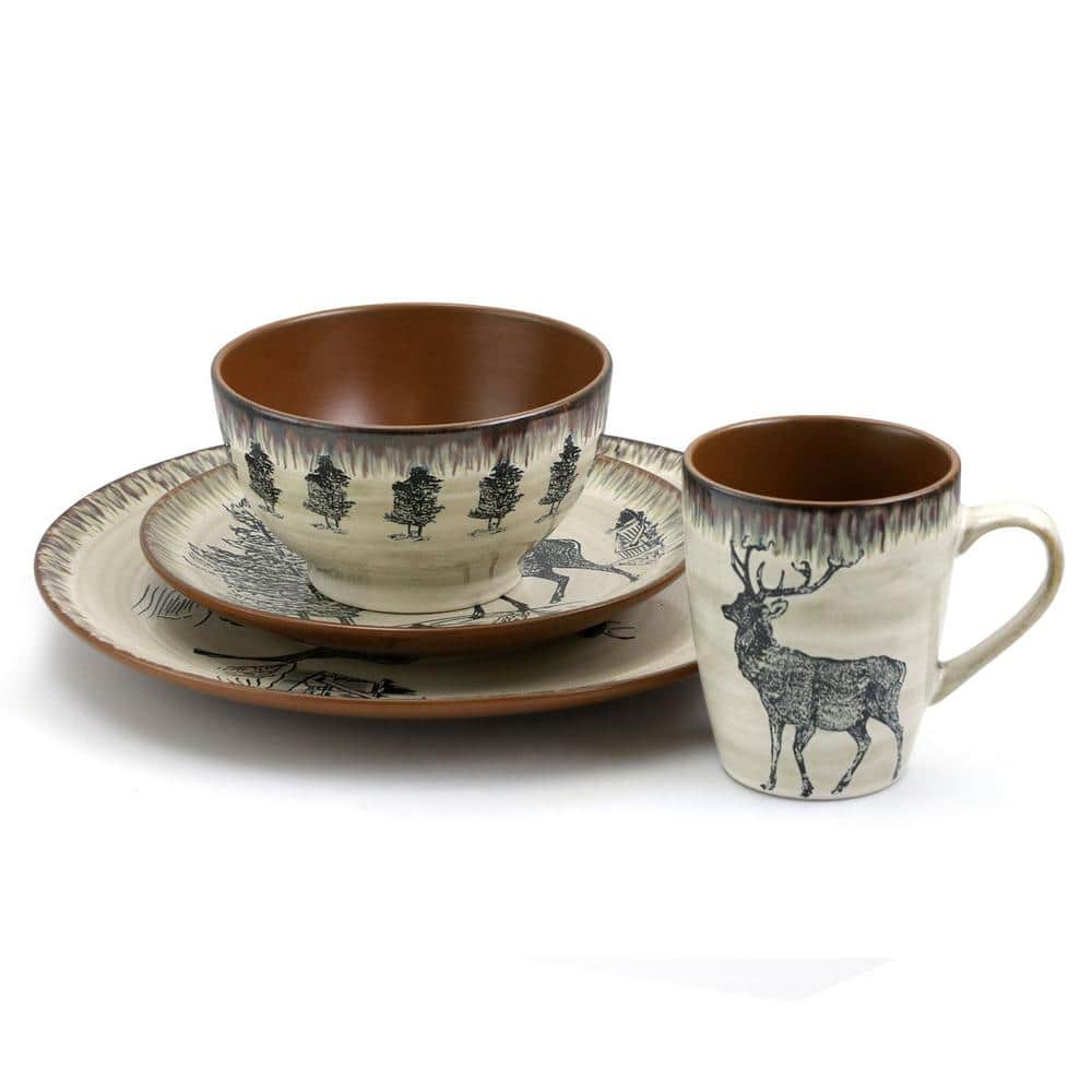 Majestic Elk 16-Piece Taupe and Brown Ceramic Dinnerware Set