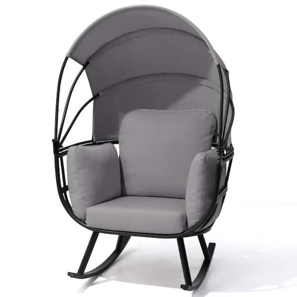 Pellebant Rocking Egg Shaped Metal Outdoor Lounge Chair with Gray Cushion and Folding Sunshade Canopy