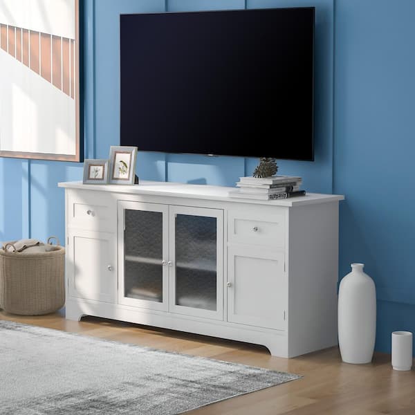 Seafuloy 59 in. W White MDF TV Cabinet with 4-Doors Adjustable Panels Open Style and TV up to 65in.