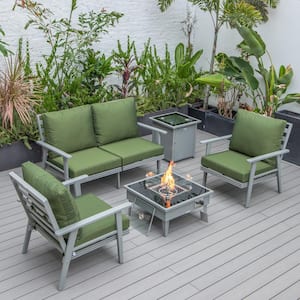 Walbrooke Grey 5-Piece Aluminum Square Patio Fire Pit Set with Green Cushions and Tank Holder