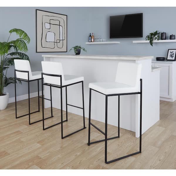 LumiSource Fuji High Back 31 in. White Faux Leather and Black Metal Bar Stool (Set of 3)