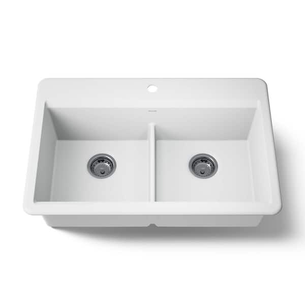 KOHLER Lassen 33 in. Drop-in Double Bowl Granite Composite Kitchen Sink in Matte White