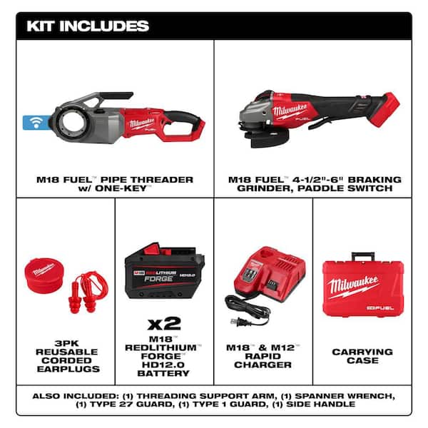 M18 FUEL ONE KEY Cordless Brushless Pipe Threader Kit with M18 FUEL 4-1/2 in. / 6 in. Braking Grinder with Paddle Switch