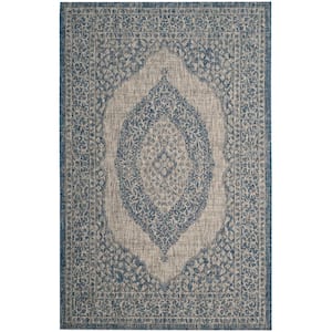 Courtyard Light Gray/Blue 2 ft. x 4 ft. Border Distressed Medallion Indoor/Outdoor Area Rug