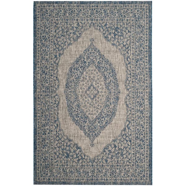 Courtyard Light Gray/Blue 8 ft. x 10 ft. Border Distressed Medallion Indoor/Outdoor Area Rug