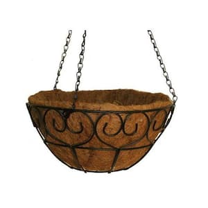 14 in. Dia Black Metal Heart Scroll Hanging Basket with Coco Liner