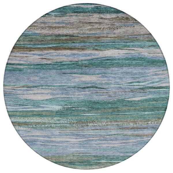 Chantille Machine Washable Indoor/Outdoor Abstract ACN1933 Teal 8 ft. x 8 ft. Round Rug