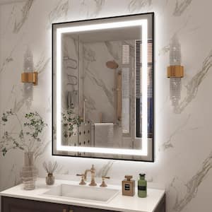 28 in. W x 36 in. H Rectangular Framed Front and Back LED Lighted Anti-Fog Wall Bathroom Vanity Mirror in Tempered Glass